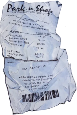 A crumpled Park-n-Shop receipt painted in blue watercolour