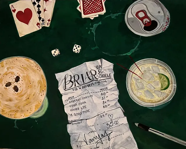 Painting of a bar table seen from above — playing cards, dice, an espresso martini, a vodka soda with lime, a beer can, and a crumpled Briar Bar & Grille receipt signed Vanya.