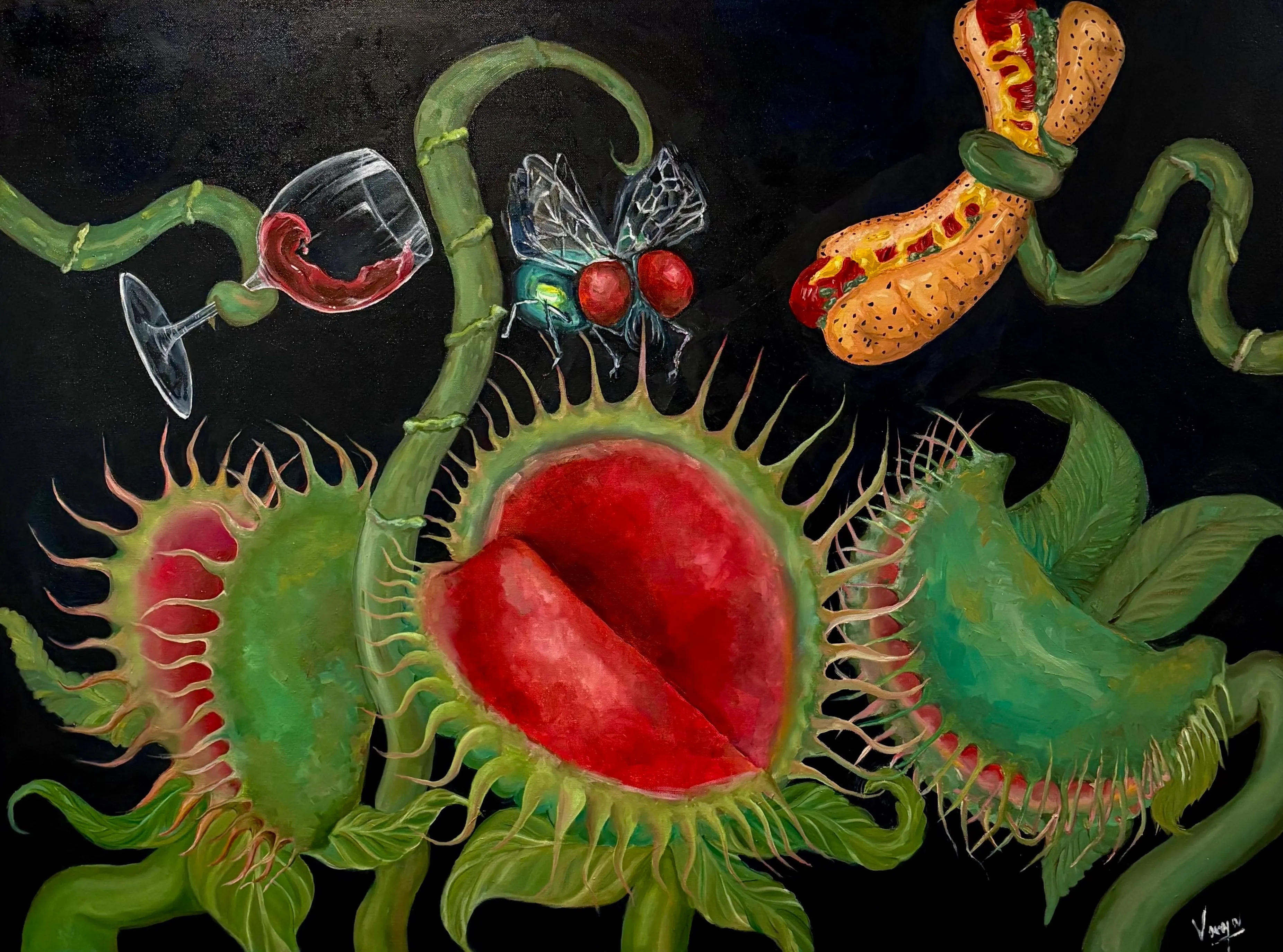 Girl Dinner — oil painting of venus flytraps reaching for a glass of red wine, a hot dog, and an oversized fly, against a black background.