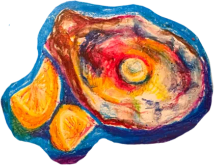 An oyster painted in blues and reds, with orange segments beside it