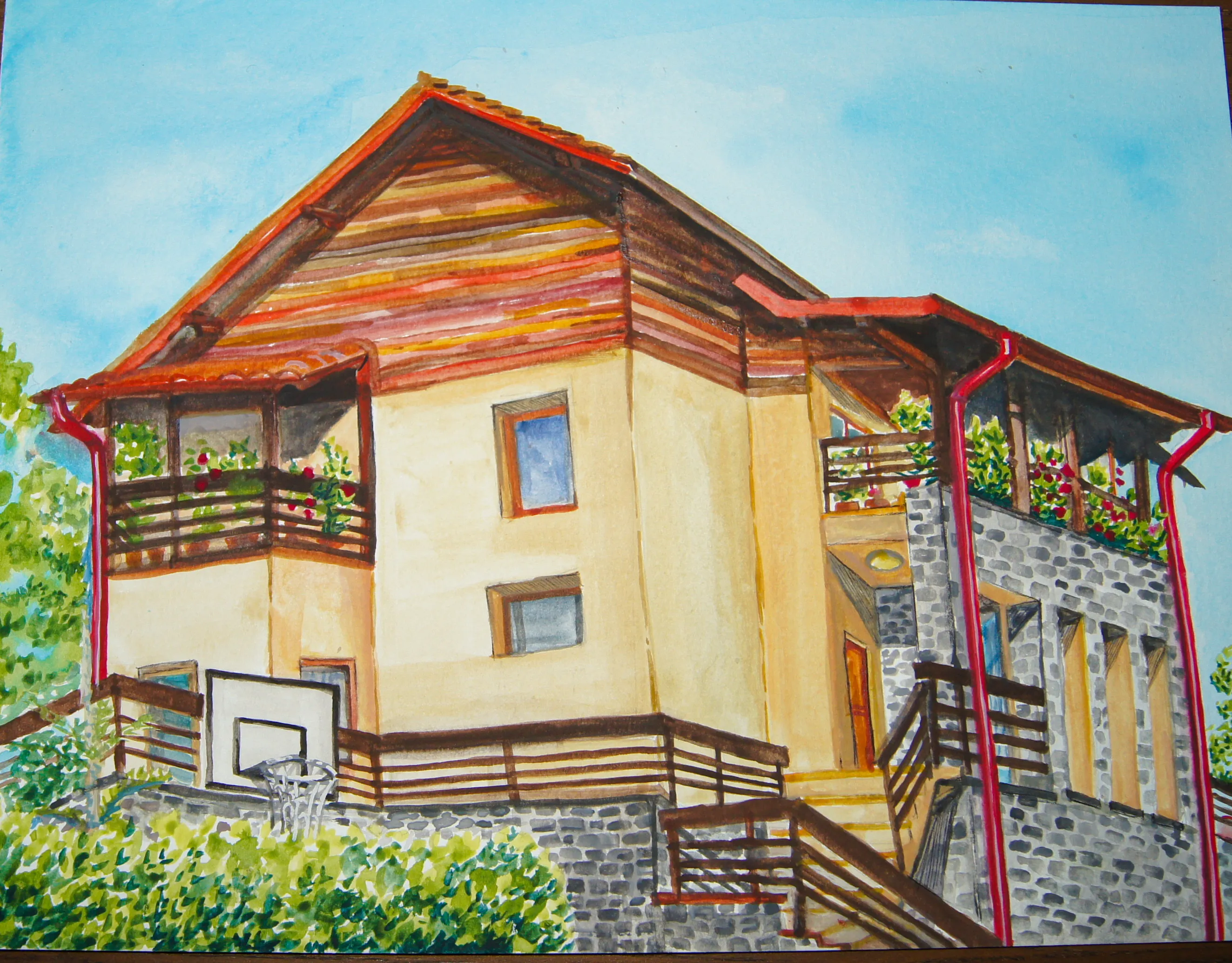 Watercolor painting of a house with a pitched wooden roof and cream walls, its balconies edged with flowering vines above a stone foundation and a garden.