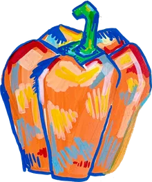 Illustration of an orange bell pepper drawn with bold blue outlines and scribbled highlights.